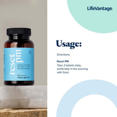 LifeVantage Reset PM tablets in glass with soft lighting suggesting restful sleep
