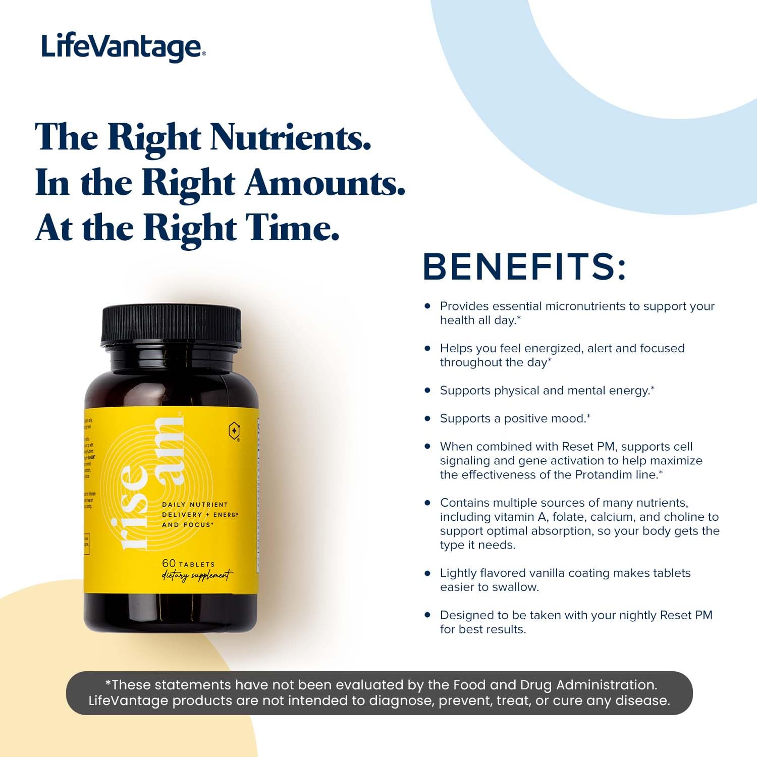LifeVantage Rise AM provides essential daily nutrients for overall wellness.