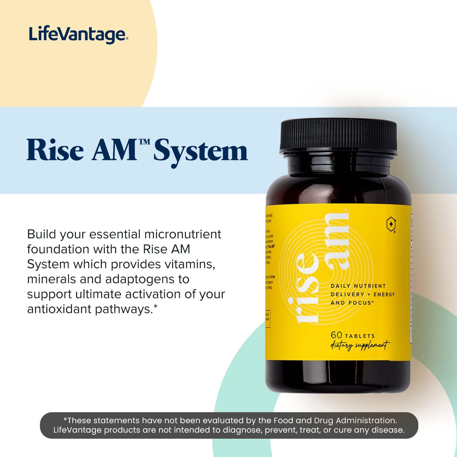 LifeVantage Rise AM enhances morning energy and focus for daily activities.