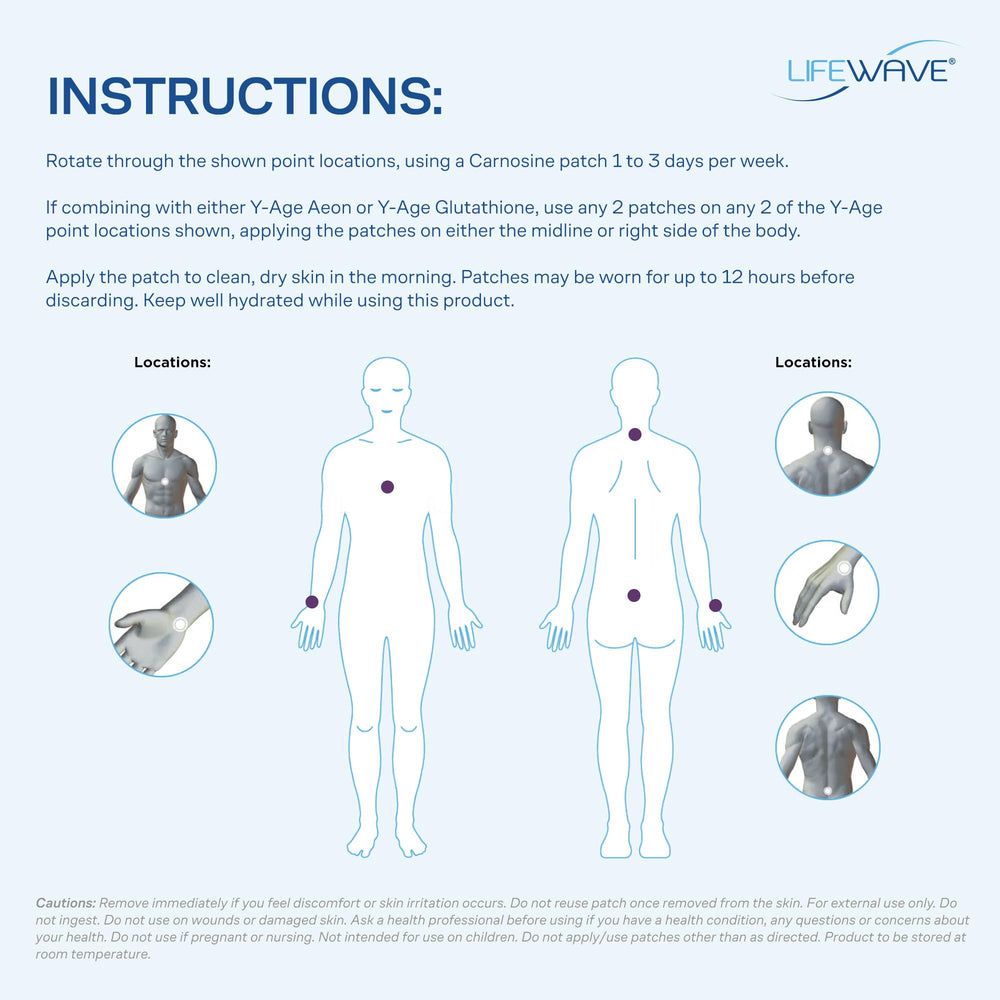 LifeWave Y-Age Carnosine patches apply to clean skin before activity with hydration.