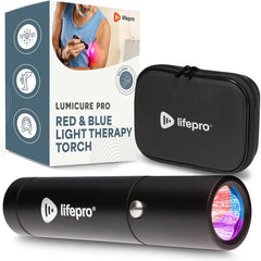 LifePro blue and red light torch front view for targeted muscle relief on the go.