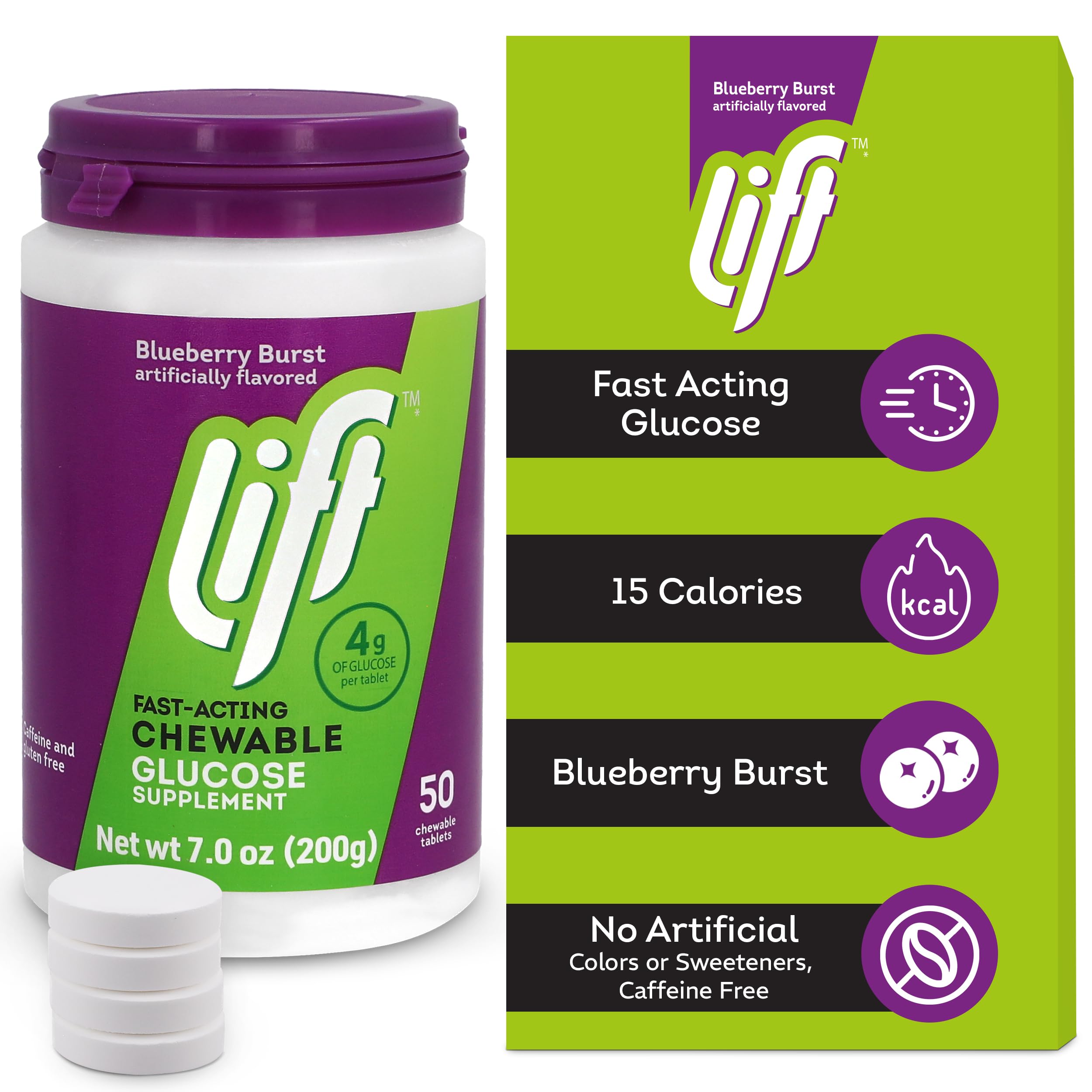 Lift Glucose blueberry chewables close-up showing bite-sized energy for on-the-go moments.