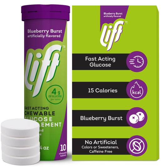 Close-up of Lift Glucose blueberry tablets showing fast energy support.