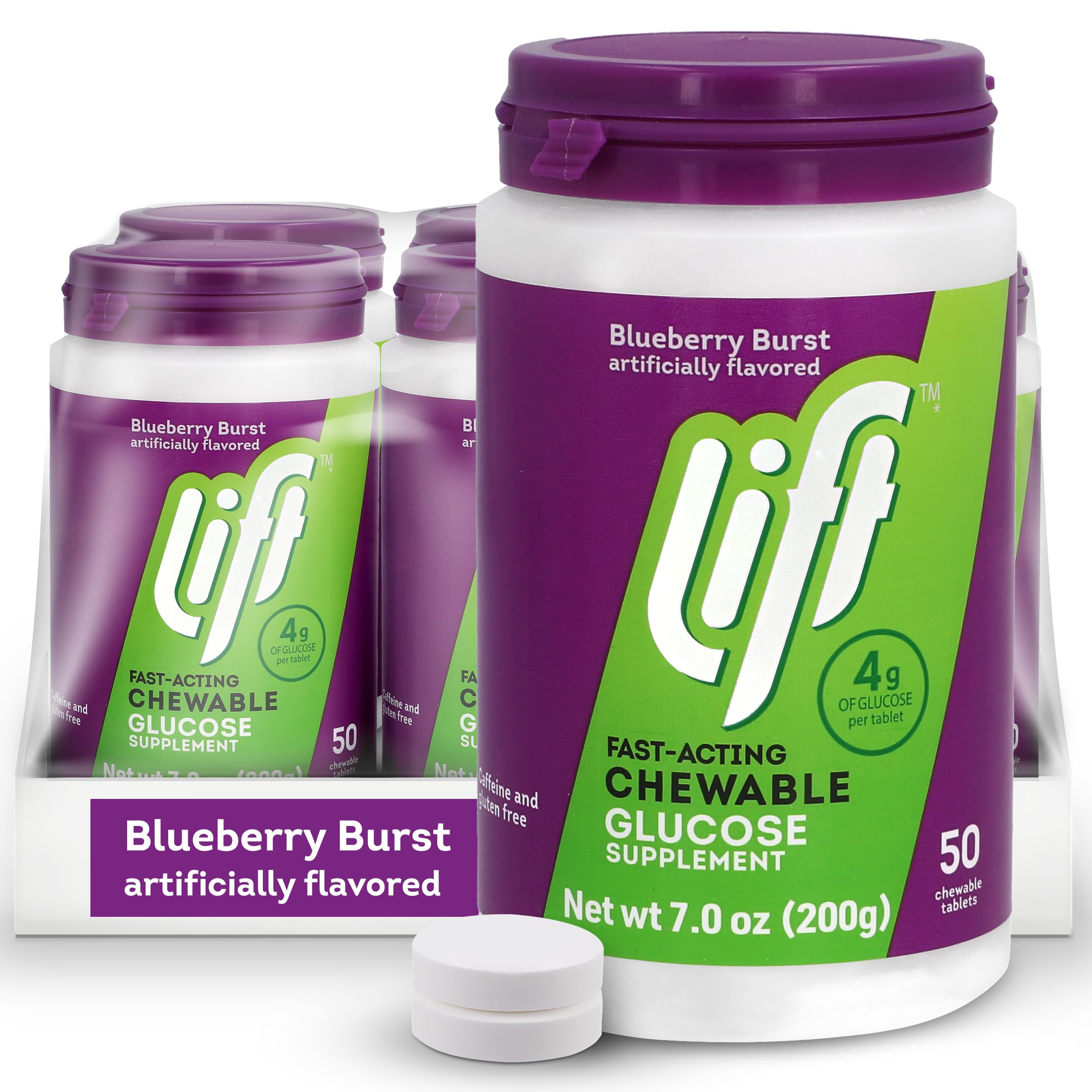 Lift Glucose blueberry chewables in a tub for fast, caffeine-free energy.