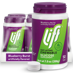 Lift Glucose blueberry chewables in a tub for fast, caffeine-free energy.