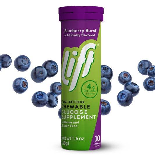 Lift Glucose blueberry chewables tube front for on-the-go energy.