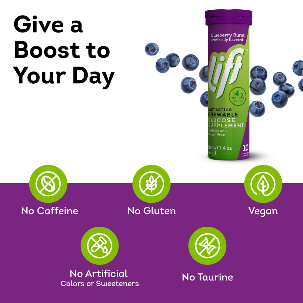 Lift Glucose blueberry pack of 12 tubes displayed for travel use.