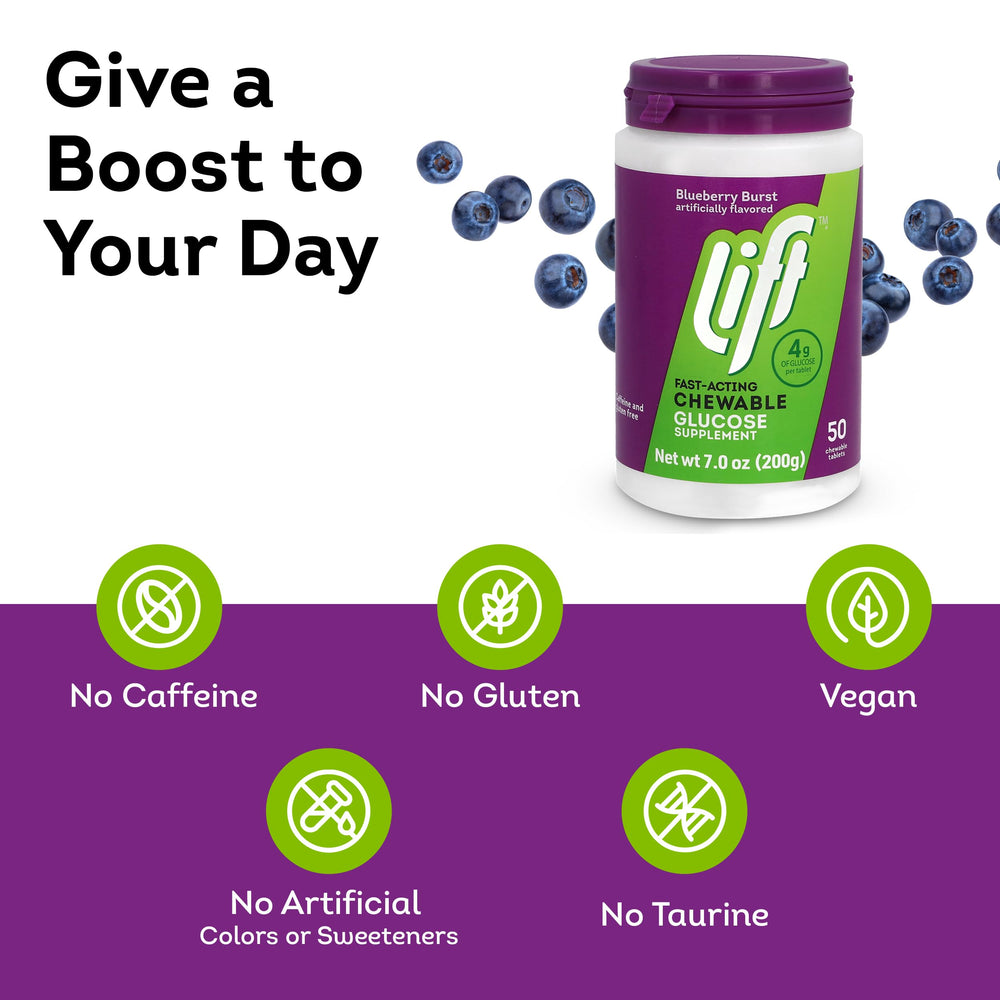 Lift Glucose blueberry-flavored tablets poured from a bottle for quick energy.