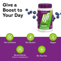 Lift Glucose blueberry-flavored tablets poured from a bottle for quick energy.