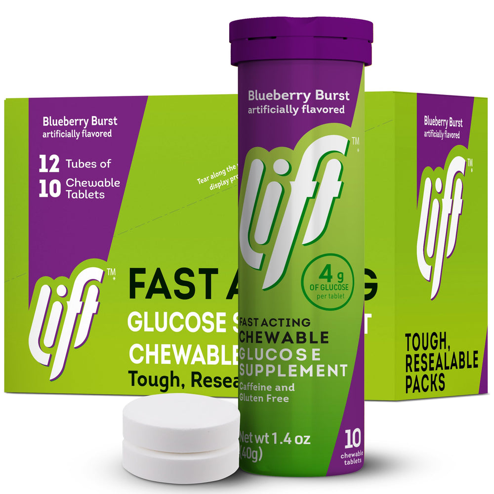 Lift Glucose blueberry chewables on-the-go energy for sports and study.