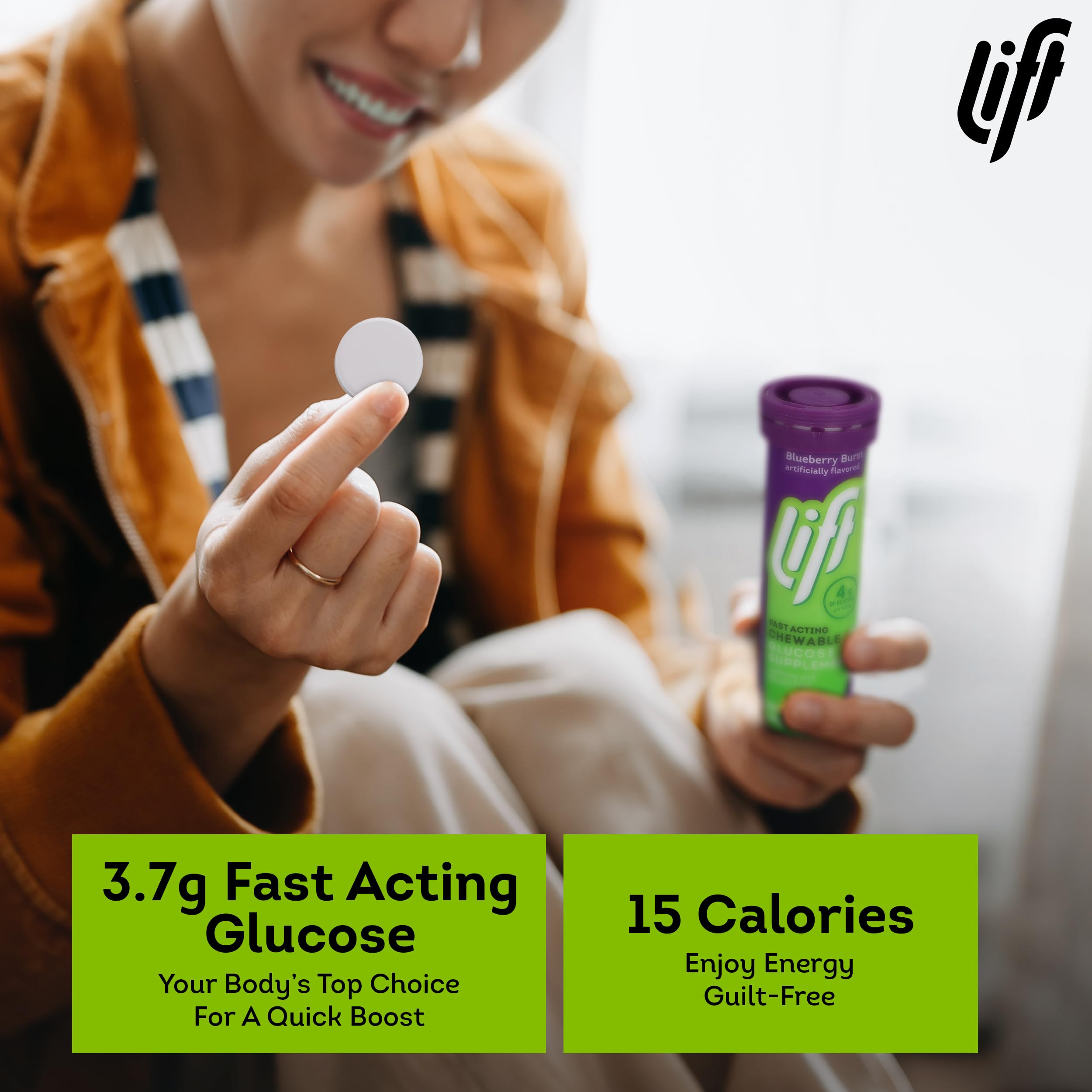 Lift Glucose blueberry tube sealed cap emphasizes freshness and portability.