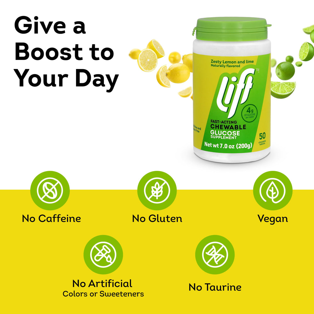 Bottle and tablets of Lift Glucose lemon lime for on the go energy