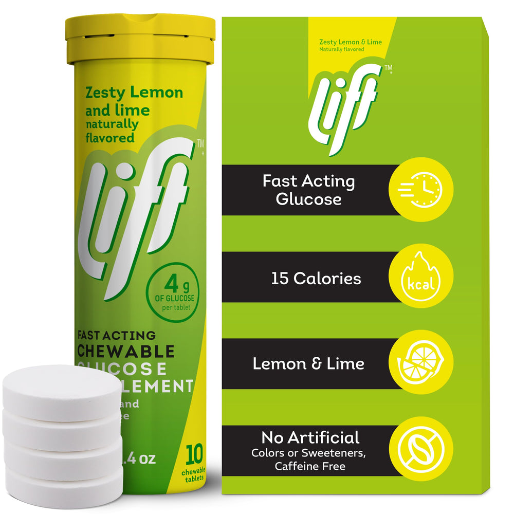 Close-up of Lift glucose chewable tablet highlighting lemon-lime flavor.