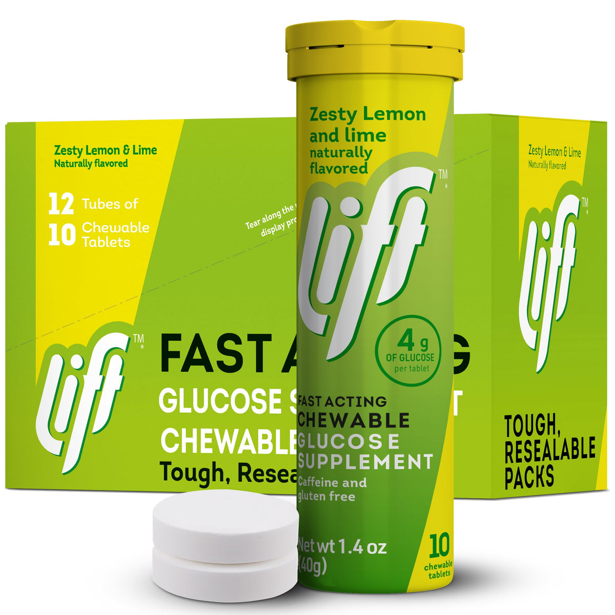 Lift glucose fast-acting chewables lemon-lime tube for on-the-go energy during workouts.