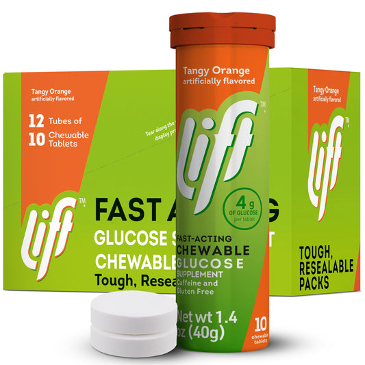 Lift Glucose fast-acting orange chewables in a resealable tube for easy energy on the go.