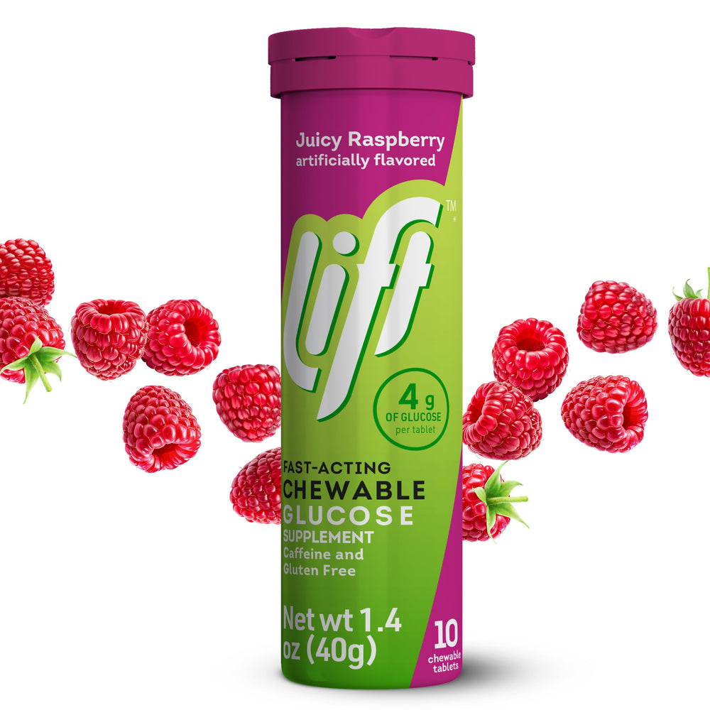 Lift Glucose fast-acting raspberry tablets in tube for quick energy during workouts
