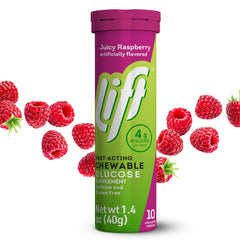 Lift Glucose fast-acting raspberry tablets in tube for quick energy during workouts