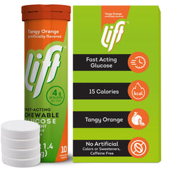 Lift Glucose orange chewables held in hand ready for quick energy during workouts.