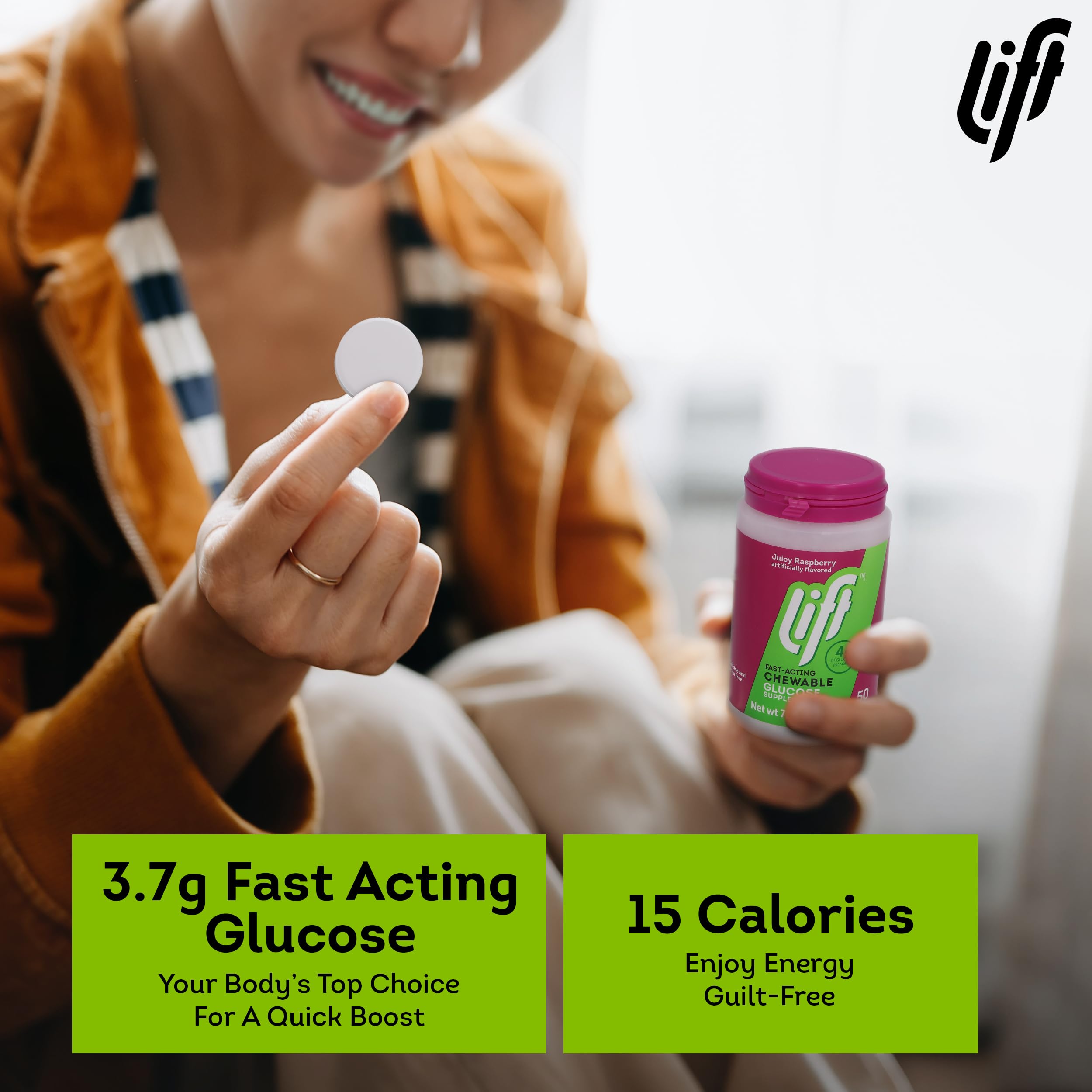 Close-up of Lift Glucose Raspberry jar label showing flavor and ingredients