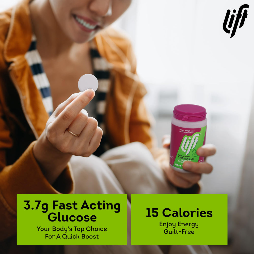 Close-up of Lift Glucose Raspberry jar label showing flavor and ingredients