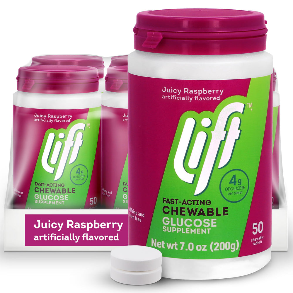Lift Glucose Raspberry tablets in a jar for quick, caffeine-free energy on the go