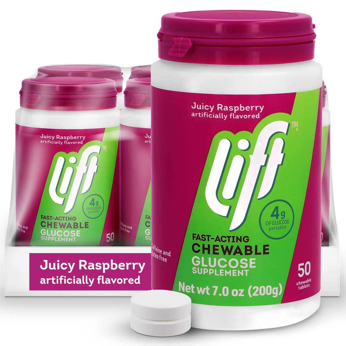 Lift Glucose Raspberry tablets in a jar for quick, caffeine-free energy on the go