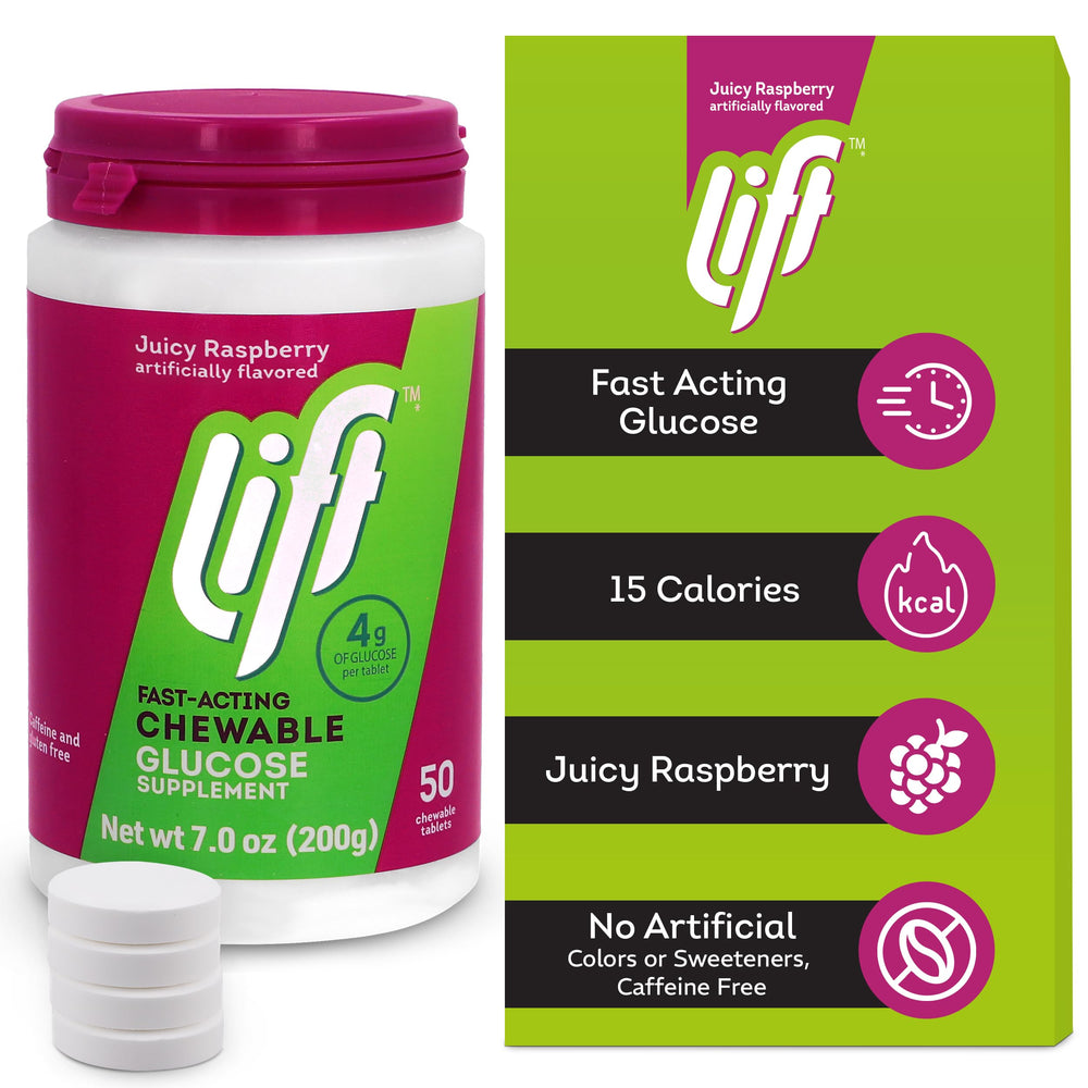 Pouring Lift Glucose Raspberry chewables into a hand for on-the-go energy