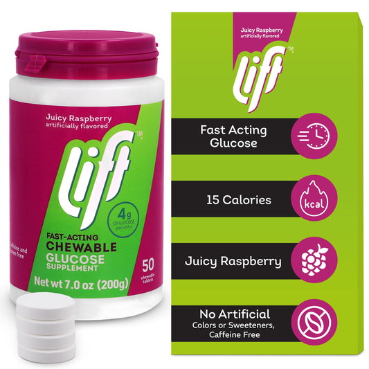 Pouring Lift Glucose Raspberry chewables into a hand for on-the-go energy