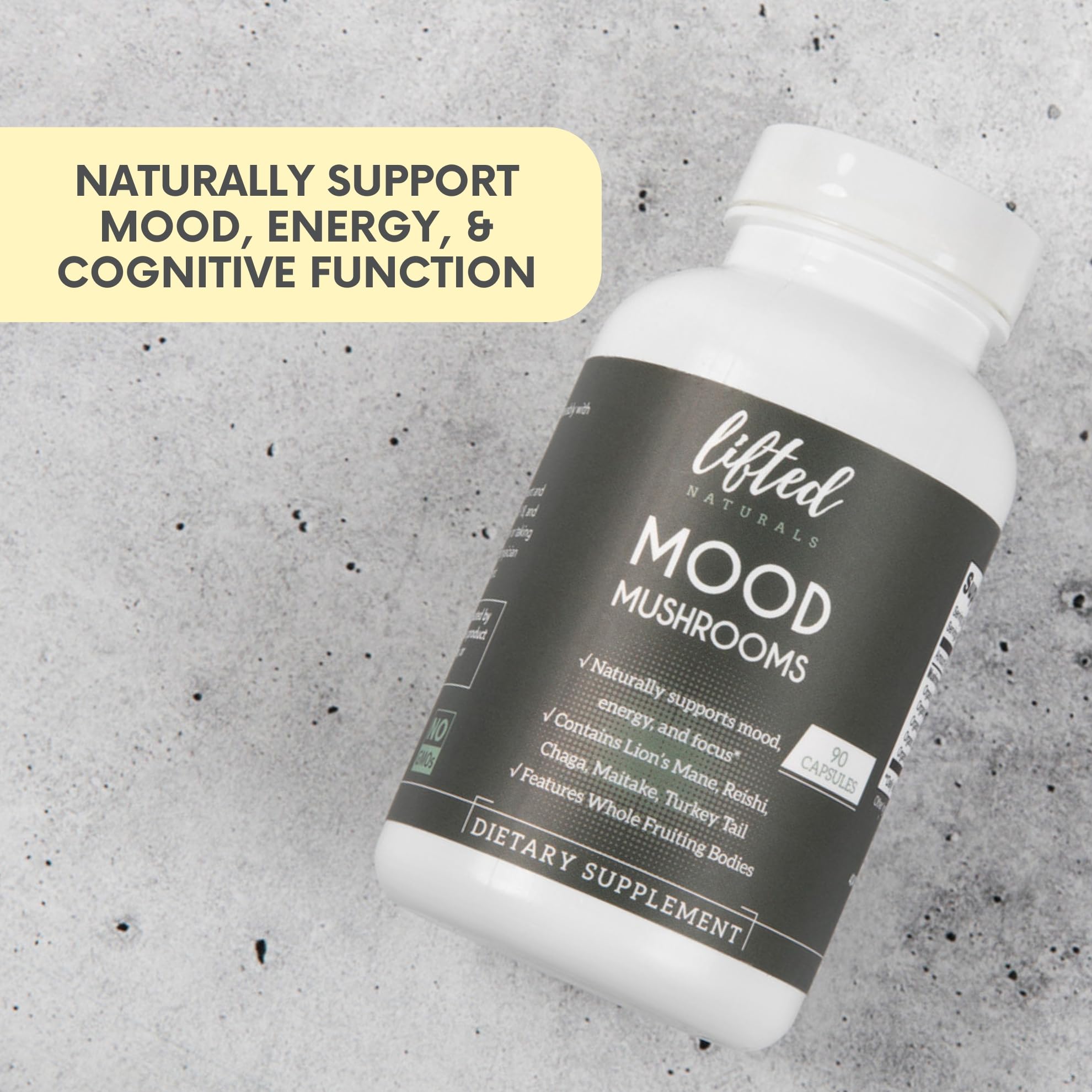 Lifted Naturals Mood Mushrooms box packaging highlights ingredients and benefit statements.