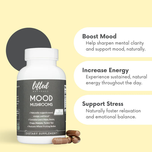 Lifted Naturals Mood Mushrooms capsules offer convenient daily dosing for energy and focus on the go.