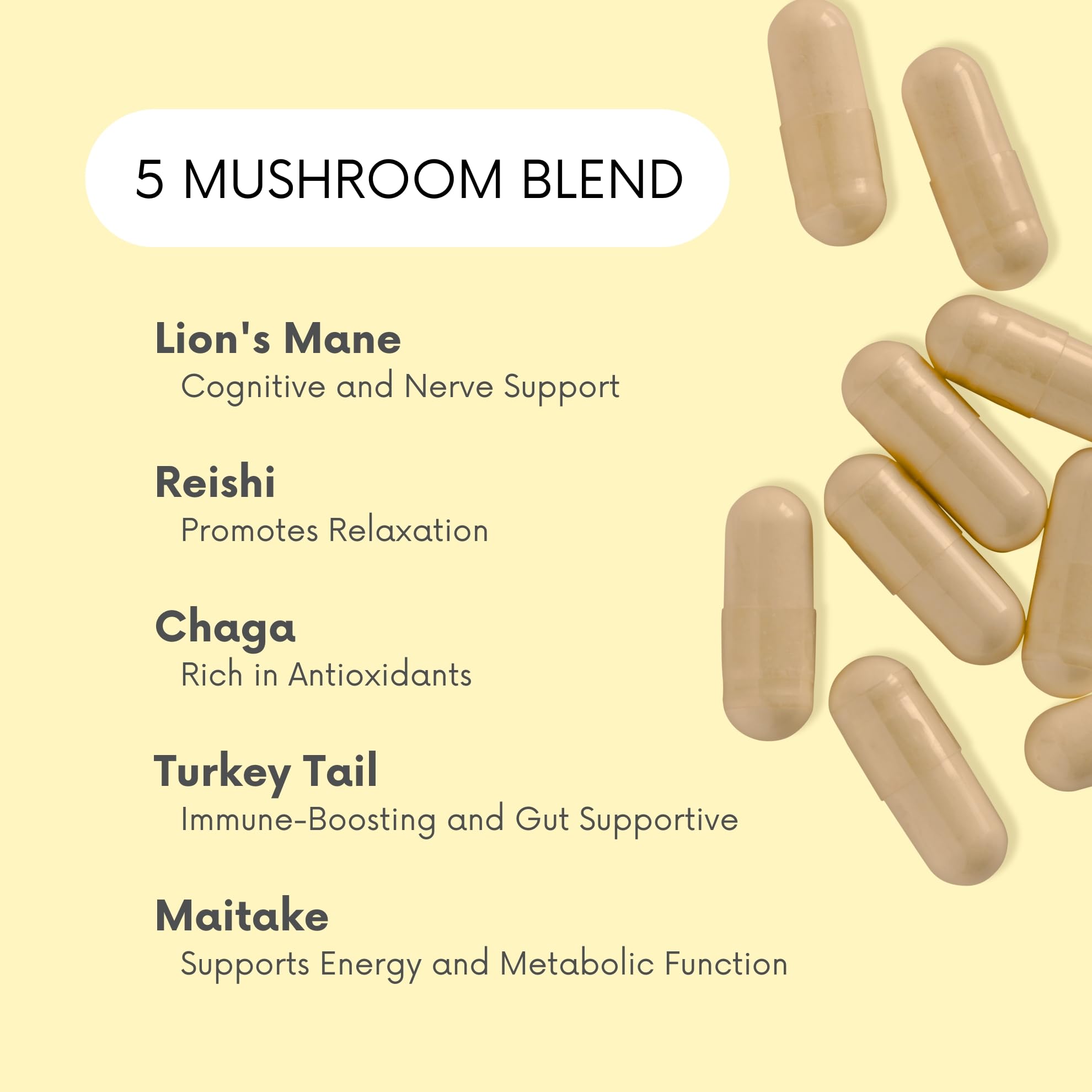 Close-up of Lifted Naturals Mood Mushrooms label highlighting the five-mushroom blend for balanced daily wellness.