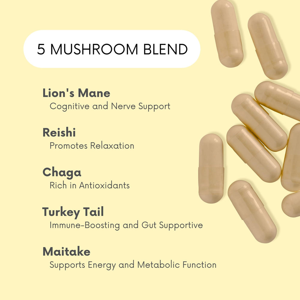 Close-up of Lifted Naturals Mood Mushrooms label highlighting the five-mushroom blend for balanced daily wellness.
