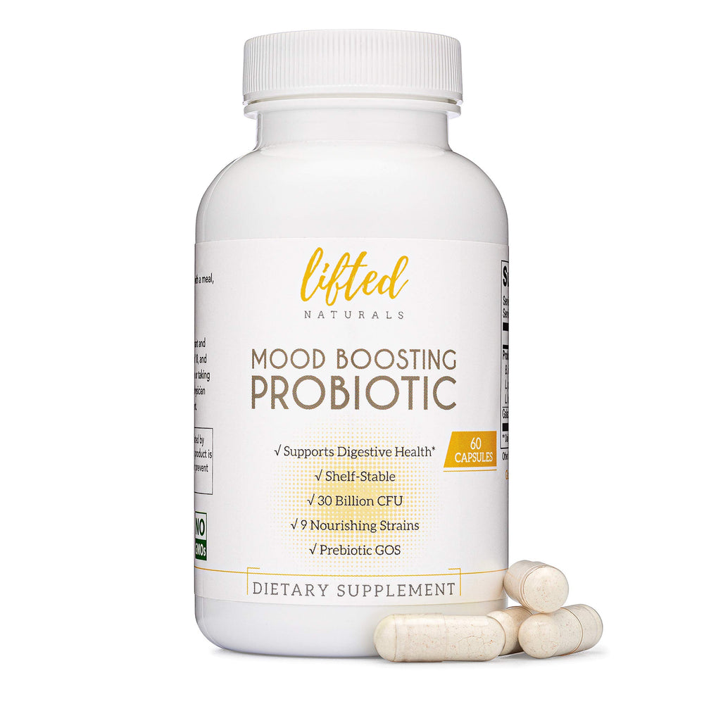 Lifted Naturals Mood Probiotic bottle—easy daily mood support on the go.