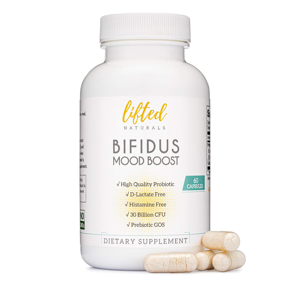 Lifted Naturals Probiotics bottle front showing 60 capsules for mood and digestion.