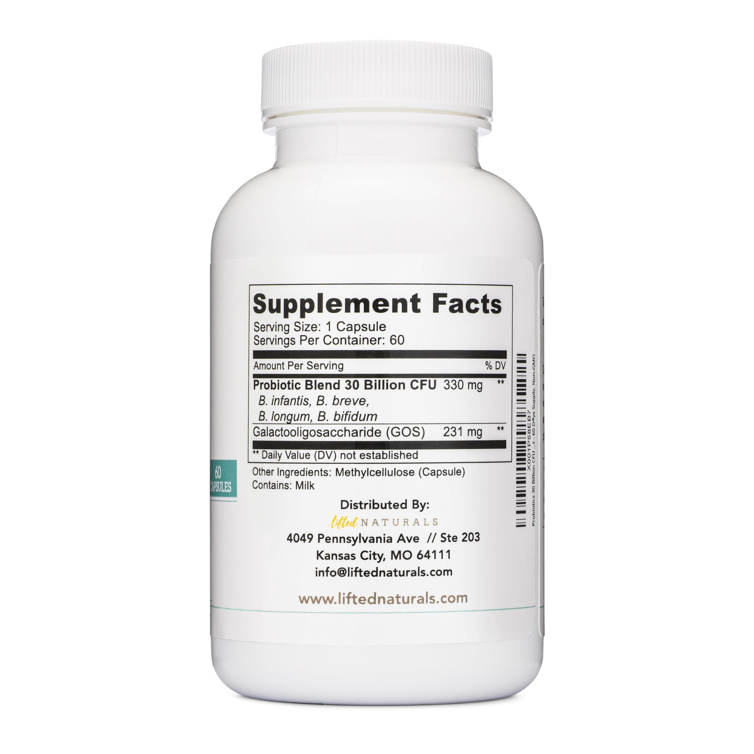 Lifted Naturals Probiotics bottle on shelf conveys high-quality formula.