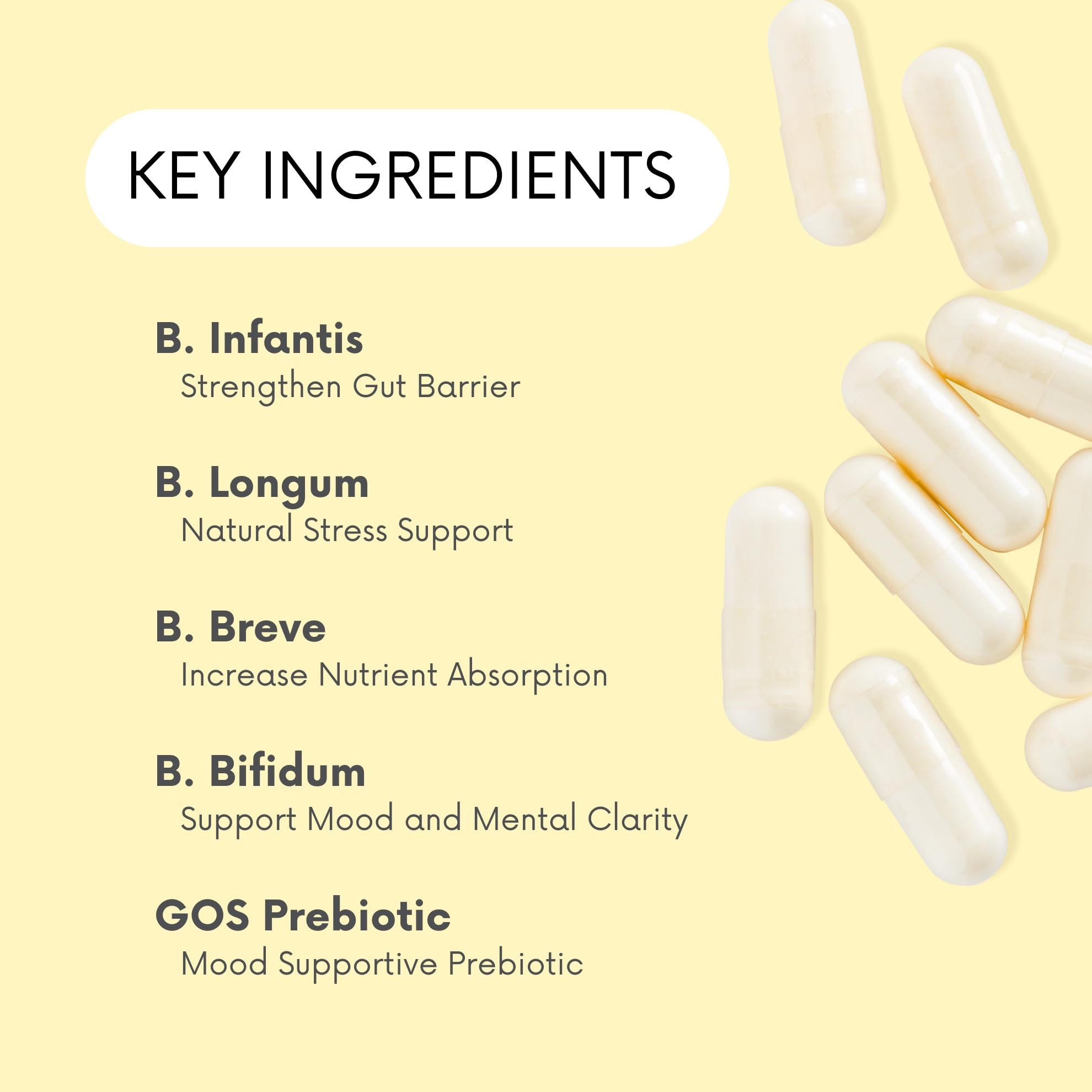 Lifted Naturals Probiotics capsules closeup showing uniform pills for daily mood and digestion.