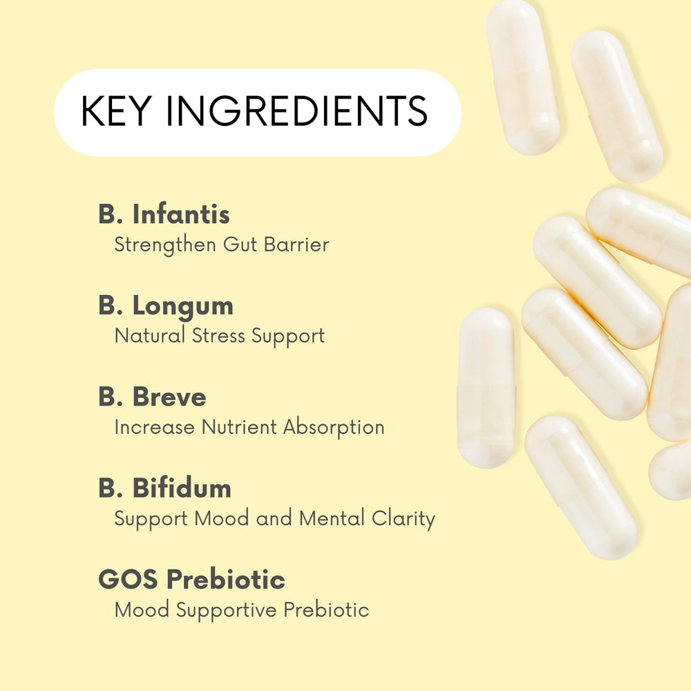 Lifted Naturals Probiotics capsules closeup showing uniform pills for daily mood and digestion.