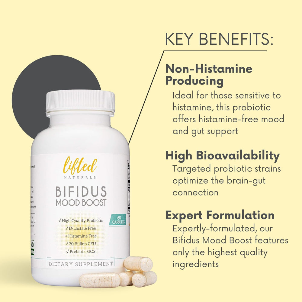 Lifted Naturals Probiotics label detail highlighting D-lactate-free and histamine-free formula.