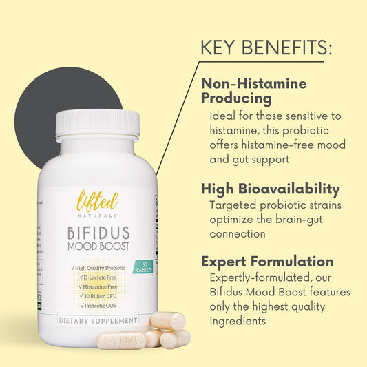 Lifted Naturals Probiotics label detail highlighting D-lactate-free and histamine-free formula.