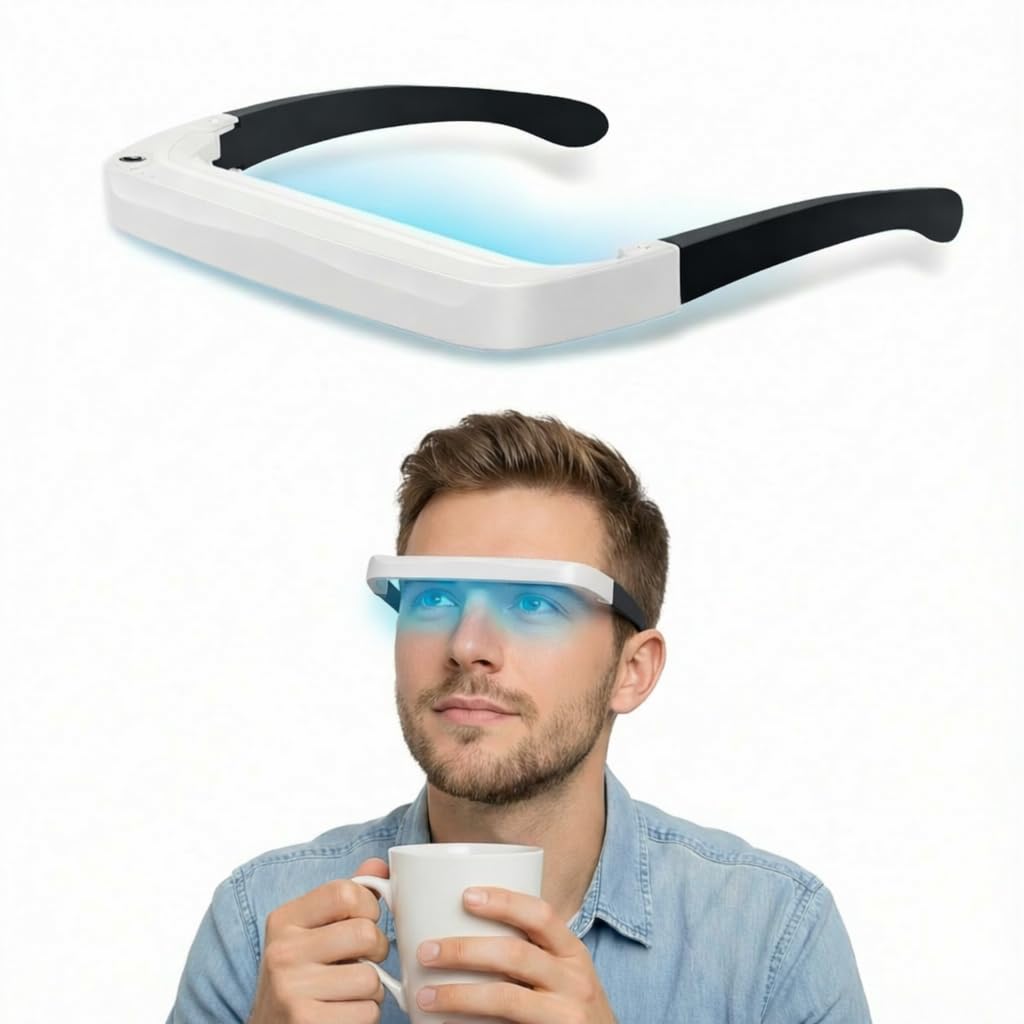 Light Therapy Glasses in use for portable daylight boost during morning routine