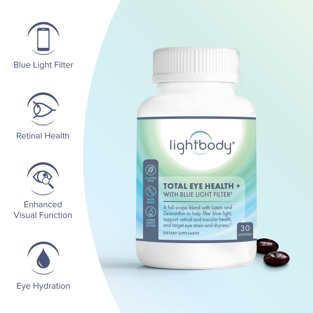 Lightbody Total Eye Health bottle side label; non-GMO clean-label details.