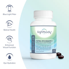 Lightbody Total Eye Health bottle side label; non-GMO clean-label details.