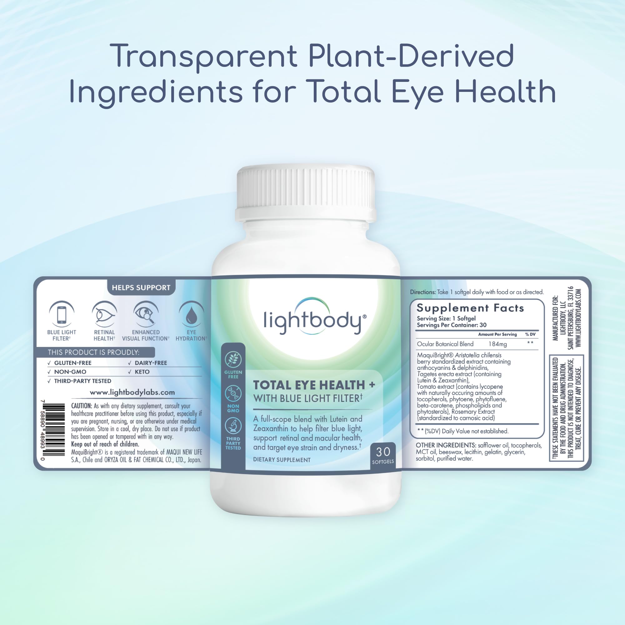 Lightbody Total Eye Health gluten-free, dairy-free keto-friendly label.