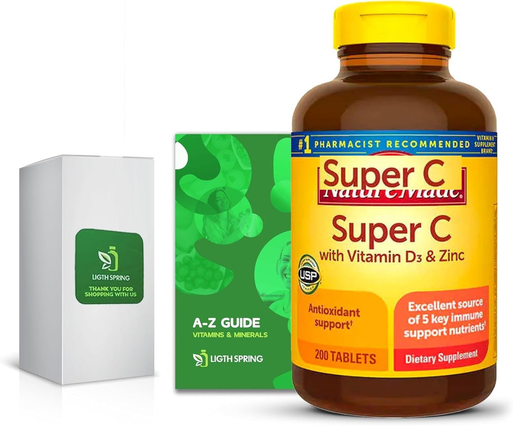 LightSpring Super C bottle front view highlighting vitamin C, D3, and zinc blend for daily wellness.