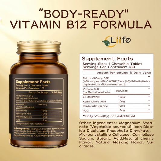 LIIFE B12 PQQ tablets closeup highlights convenient daily chewables.