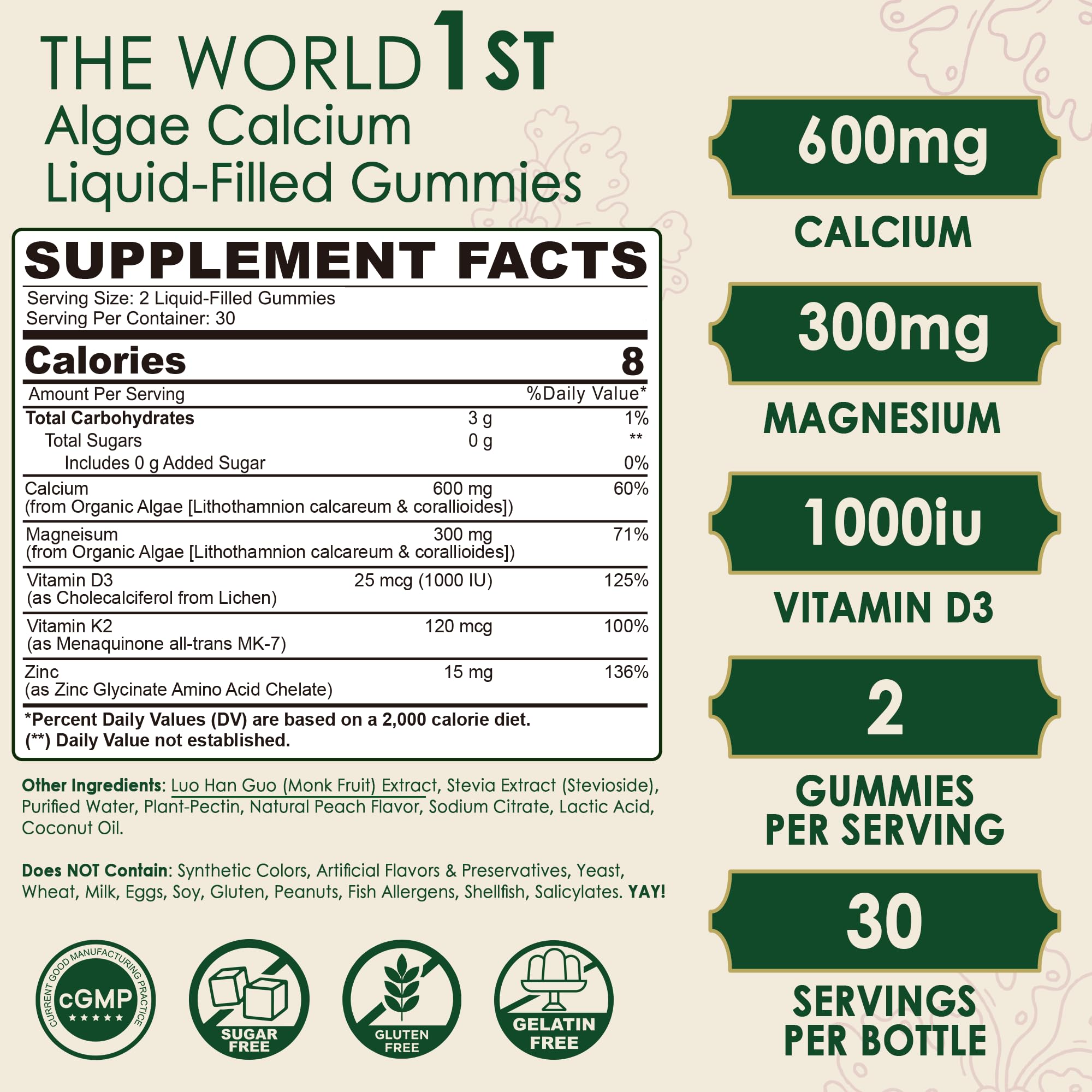 LILICARE algae calcium gummies bottle back highlighting 600 mg calcium and 300 mg magnesium for balanced minerals.