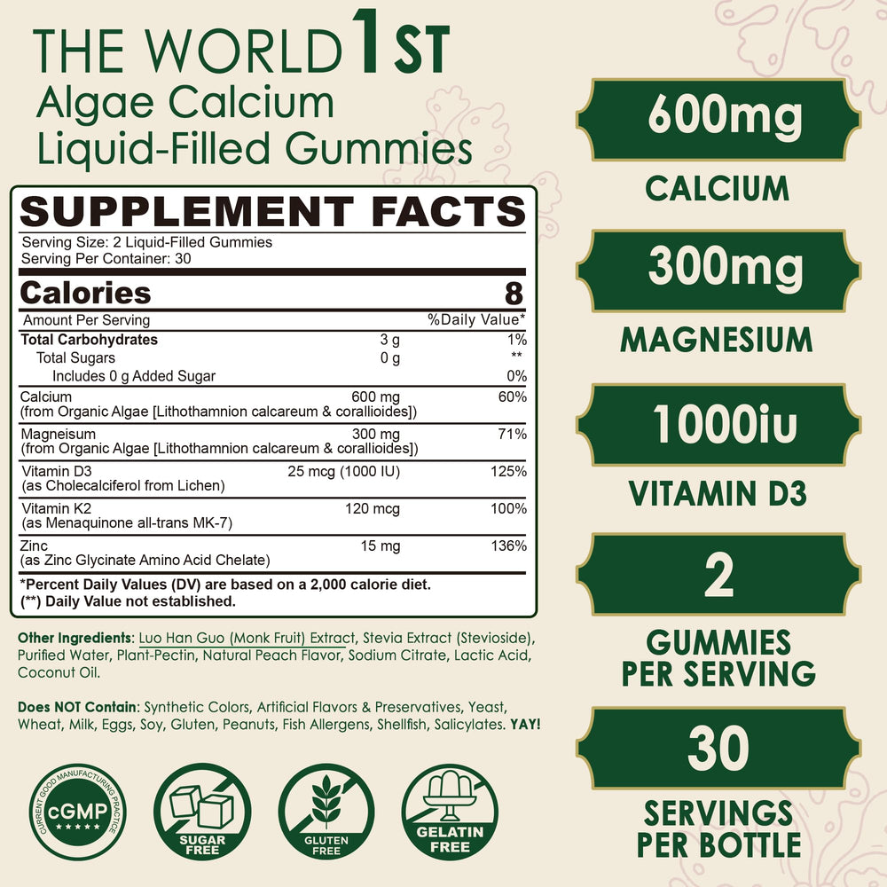 LILICARE algae calcium gummies bottle back highlighting 600 mg calcium and 300 mg magnesium for balanced minerals.