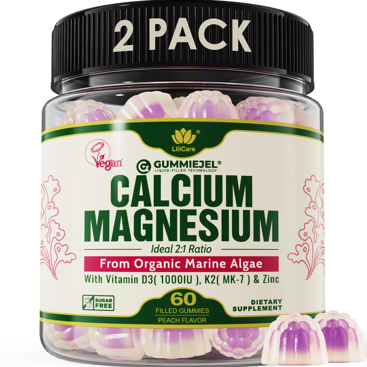 LILICARE 2-pack algae calcium gummies bottle front with vegan formula for daily bone support.