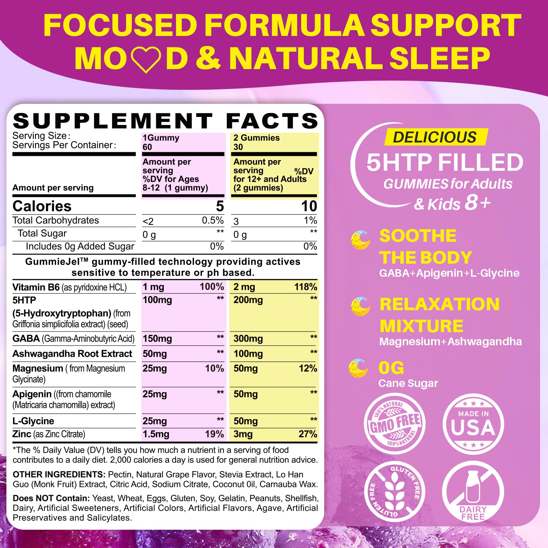 LILICARE 5HTP Gummies bottle back showing ingredients and nutrient highlights.