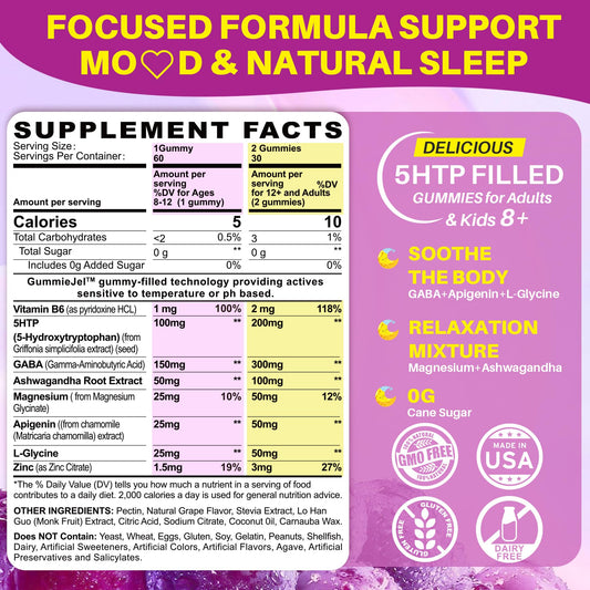 LILICARE 5HTP Gummies bottle back showing ingredients and nutrient highlights.